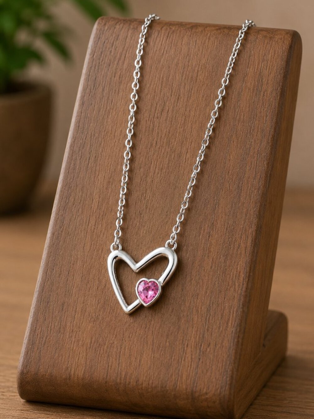 Silver Heart Necklace Pink Crystal Pendant - Picture 3 of 6